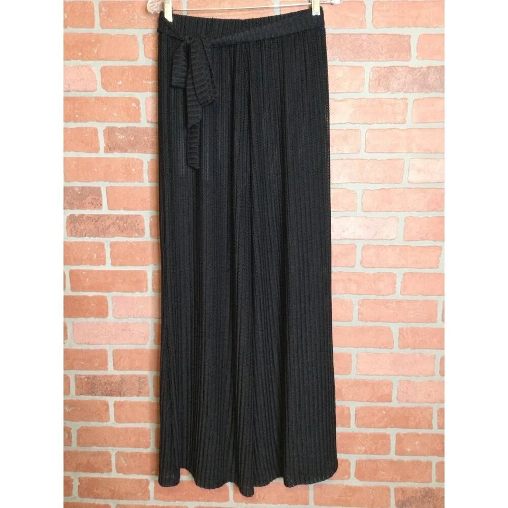 Paradise Women's Pleated Wide Leg Sheer Pants Elastic Waist Black Size Large